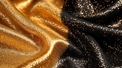 Poster - Close-up of sequin fabric folds in gold and black tones under spotlight. Rich fashion texture with space for design.