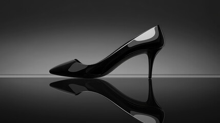 Poster - Close-up of stiletto heel on reflective black surface, dramatic shadows and clean aesthetic with room to design.