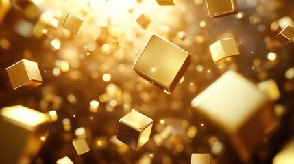 Poster - Composition of floating gold cubes and spheres in soft studio light, abstract premium backdrop with ample copy space.