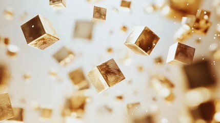 Poster - Composition of floating gold cubes and spheres in soft studio light, abstract premium backdrop with ample copy space.