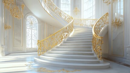 Poster - Elegant staircase with gold railings and marble steps in a palace interior. Wide open space for elegant copy.