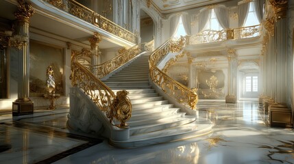 Poster - Elegant staircase with gold railings and marble steps in a palace interior. Wide open space for elegant copy.