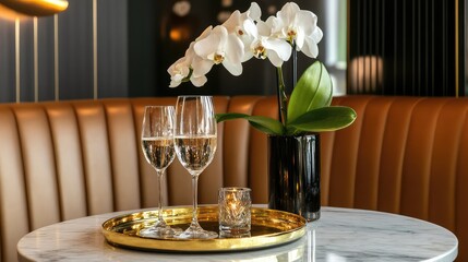 Poster - Elegant table setup in hotel lounge with golden tray, glass of sparkling water, and white orchid. Sophisticated detail scene with space.
