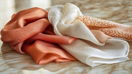 Poster - Folded luxury scarves with texture and pattern on polished surface. Fashion retail display with space.