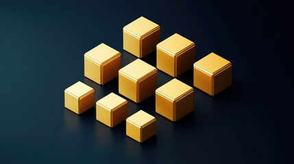 Poster - Glossy D gold cubes aligned in a minimal isometric perspective. Geometric luxury look with space.