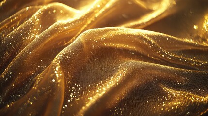Poster - Golden mesh fabric in close-up, creating elegant textures with shimmering threads. Detailed backdrop with copy space.