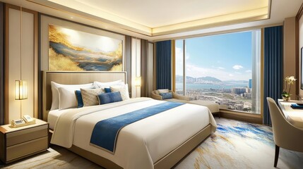 Poster - King-size bed in luxury hotel room with high-thread-count linens and decorative pillows. Clean, premium hospitality with copy area.