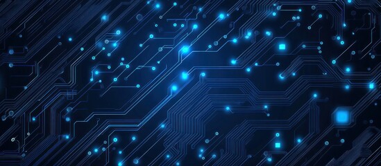 Poster - abstract technological illustration showcasing intricate blue circuit patterns symbolizing connectivity in modern electronics with glowing lights representing data flow and processing