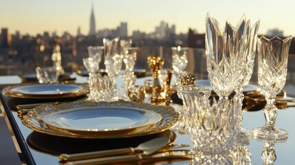 Poster - Private dining setup with gold utensils and crystal glassware on a rooftop terrace overlooking the city. Elegant background, no people.