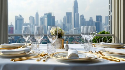 Poster - Private dining setup with gold utensils and crystal glassware on a rooftop terrace overlooking the city. Elegant background, no people.