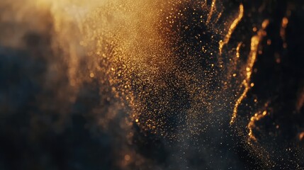 Poster - Shimmering gold particles falling gently on a black gradient surface. Sparkling festive scene with ample copy space.