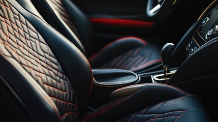 Poster - Smooth black car interior with red stitching and gold trim, highlighting luxury and performance. Wide clean copy space.