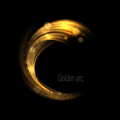 Wall Mural - Isolated golden round frame with bright glitter, abstract figure on black background.