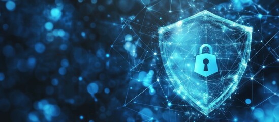 Poster - digital security shield guarding against cyber threats with intricate network connections and a secure lock icon depicting data protection in a complex environment
