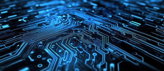 Poster - illuminated technological pathways depicting connectivity and digital infrastructure resembling a vibrant blue circuit board design showcasing the intricate electronic network