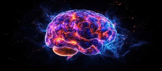 Poster - a vibrant rendering of the human brain illuminated with brilliant color patterns against a backdrop of ethereal energy highlighting the power of intellect