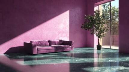 Poster - a serene and modern interior featuring a plush velvet sofa bathed in the soft glow of sunlight streaming through a large window next to a potted plant creating a tranquil and inviting space