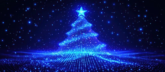 Poster - digital rendering of a christmas tree composed of sparkling blue lights against a night sky filled with stars offering a futuristic festive aesthetic