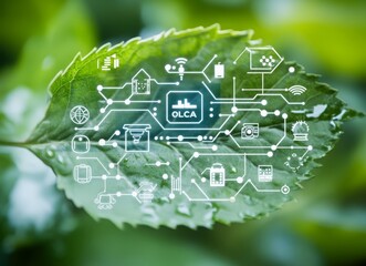 Aufkleber - A leaf with a lot of technology on it. Green energy, Electronics and tech industry, eco-friendly business concept.