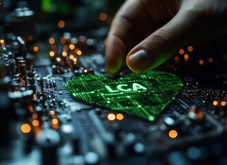 Aufkleber - A hand is touching a green heart with the letters LCA on it. Green energy, Electronics and tech industry, eco-friendly business concept.