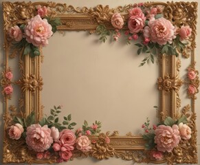 Wall Mural - Ornate Baroque frame; stylized floral pattern, roses, peonies, swirling leaves, vintage aesthetic, frame, roses