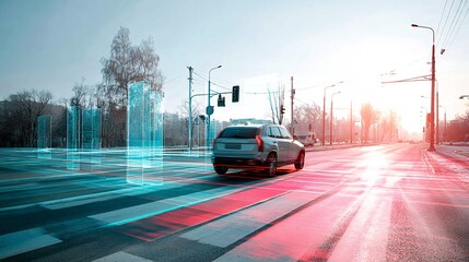 Poster - self-driving car on a smart city street with digital infrastructure