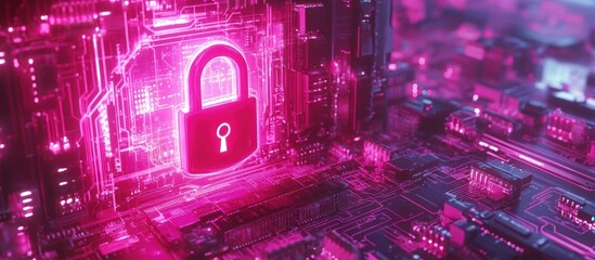 Poster - futuristic digital padlock illuminating the cityscape on a computer circuit board reflecting the importance of cybersecurity in the modern digital era