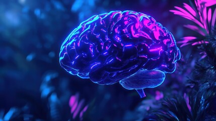 Poster - illuminated human brain with luminous neon accents surrounded by lush greenery creating a visually striking and thought-provoking image evoking curiosity and wonder