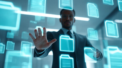 Poster - Data management solutions for business man interacting with futuristic digital file system interface