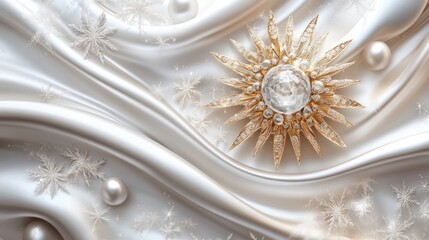 Poster - ethereal winter shimmer opulent crystal starburst on flowing ivory satin adorned with delicate snowflake motifs and scattered pearls creating a luxurious holiday ambiance