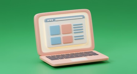 Fototapete - Cartoon laptop displaying a webpage interface with pastel colors and rounded edges against a green background provides a simple design for digital concept