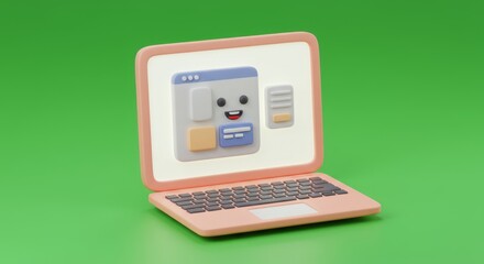 Poster - Cheerful laptop displaying a cartoonish website interface with smiling face and cute design elements on a green background