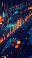 Leinwandbilder - Global stats and big data concept with digital graphic colourful dotted world map and indicators on abstract dark background, greed for landing page. 3D rendering