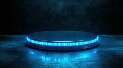 Poster - Glowing blue technical, futuristic disc as a podium for high-tech products. Concept banner for the future, technology and innovation with lots of negative space