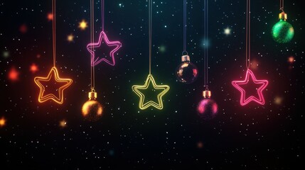 Poster - Glowing neon stars and bulbs hanging in night sky with sparkling stars in christmas theme