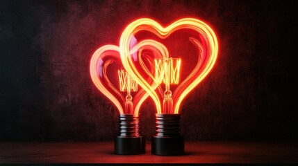 Poster - Glowing neon heart shapes intertwined in vibrant red and orange tones against a dark background. Perfect for love, romance, and Valentine's Day themes.