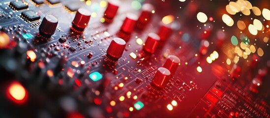 Poster - an abstract close-up rendering of electronic components with red knobs and lights creating a dynamic blend of technology and futuristic aesthetics that conveys energy and precision