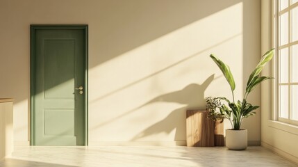 Poster - home interior decorate kitchen counter with green door,kitchen equitment,indoor plant,whit window,wood cabinet,white terrazzo and white wall 3d rendering.