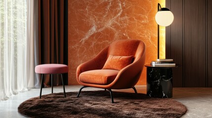 Poster - home interior living space with orange armchair,black side table,pink stool,dark brown fur carpet,floor lamp,arch orange wall painting 3d rendering.