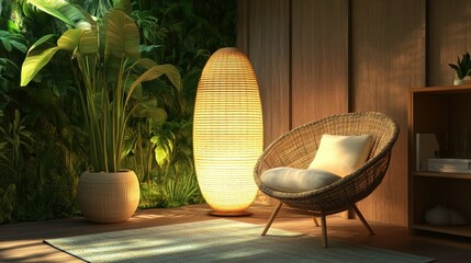 Poster - home interior relax space with rattan chair,cabinet,floor lamp,rubber tree,carpet 3d rendering