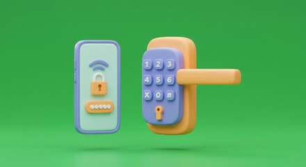 Poster - Smart lock system displaying on a smartphone with digital door lock for home security and automated access control on green background