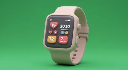 Poster - Smartwatch displaying health and fitness data on screen against green background, modern wearable technology for tracking activity and monitoring wellbeing