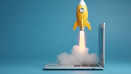 Poster - A detailed, high-resolution illustration of a laptop with a rocket emerging from the screen, set against a blue background. 