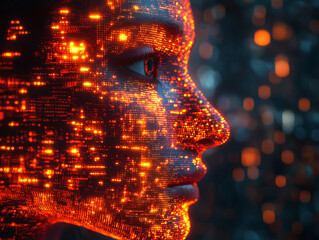 Poster - futuristic representation of face illuminated by digital patterns, symbolizing technology