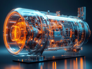 Poster - electric aircraft engine with detailed cross section and glowing components