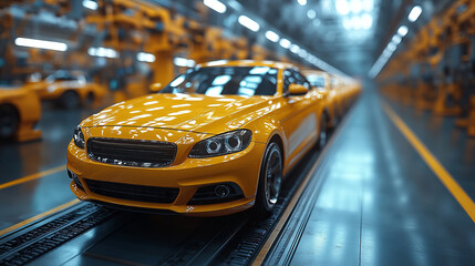 Poster - vibrant yellow car in modern industrial setting, showcasing advanced manufacturing technology
