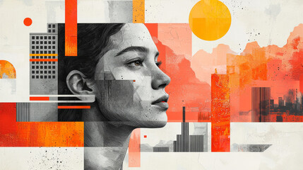 Poster - Artistic portrait with abstract shapes and vibrant colors, showcasing woman profile