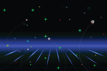 Leinwandbilder - Retro cyberpunk style 80s game scene pixel art 8-bit sci-fi background. glowing neon grid and stars from vintage arcade computer games.