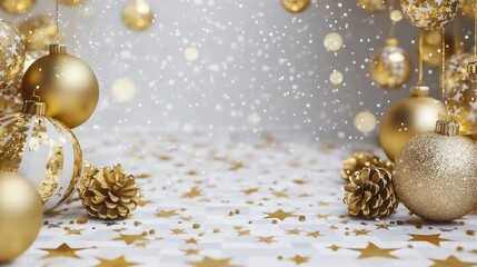 Poster - a sparkling new year's eve tableau showcasing golden ornaments and pine cones amidst a shower of confetti and bokeh lights creating a dreamy festive atmosphere