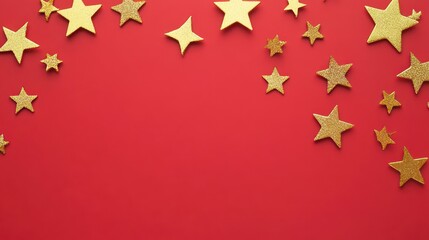 Poster - a festive and elegant composition featuring sparkling golden star ornaments scattered across a vibrant red background creating a sense of celebration and joyous anticipation